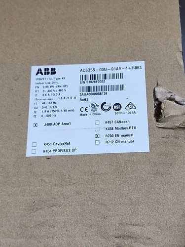 ABB ACS355-03U-01A9-4+B063 Machinery Drive 0.55kW 3/4HP 480V IP66/67 Type 4X 4