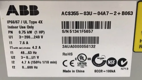 ABB ACS355-03U-075A5-2+B063 12 Amp 240 Vac Machinery Drive 3