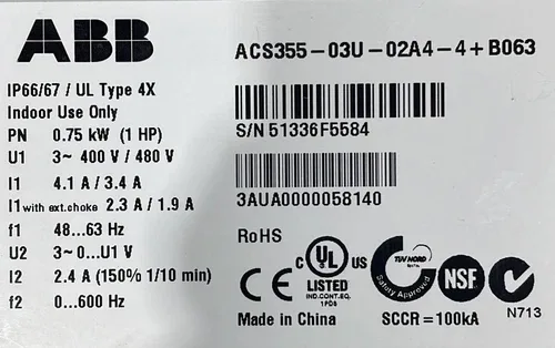 ABB DRIVE ACS355-03U-02A4-4+B063 2