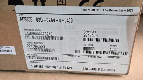 ABB AC Drive ACS355-03U-02A4-4+J400 1 HP 2