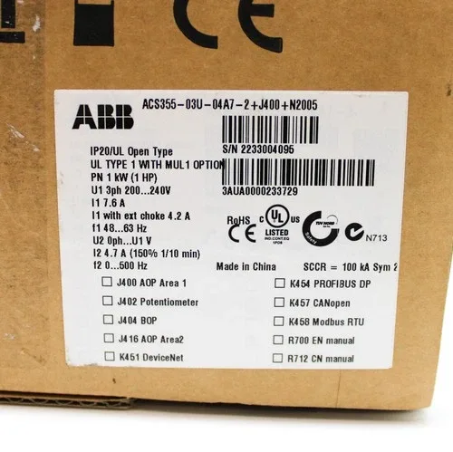 ABB ACS355-03U-04A7-2+J400+N2005 240V Type 1 Micro AC Drive with Options 2