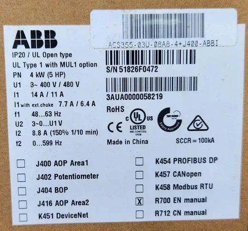 ABB AC Drive ACS355-03U-08A8-4+J400 380-480V 8.8 Amps 5HP 5