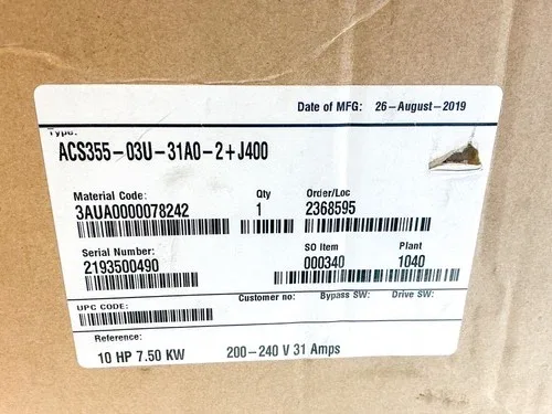 ABB ACS355-03U-31A0-2+J400 AC Drive 10HP 7.50KW 200-240V 31A 2