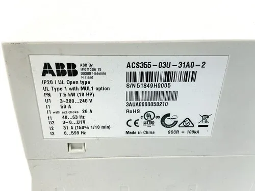 ABB ACS355-03U-31A0-2+J400 AC Drive 10HP 7.50KW 200-240V 31A 3