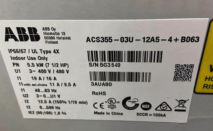 ABB Inverter ACS355-03E-12A5-4+B063 3P AC380V ~ 480V 5.5KW 3