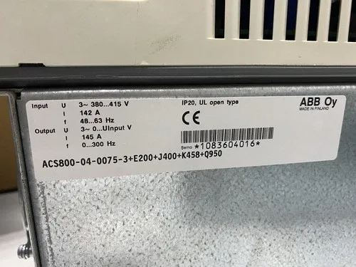 ABB ACS 800 ACS800-04-0075-3+E200+J400+K458+Q950 145 AMP VFD DRIVE 75 Kw 3