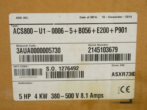 ABB ACS800-U1-0006-5+B056+E200+P901 AC Drive 5 HP 4 kW 2