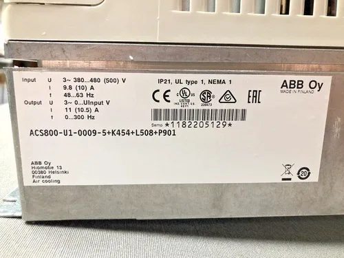 ABB ACS800-U1-0009-5+K454+L508+P901 Drive 7.5Hp 380-500VAC NEMA 1 Enclosure 3