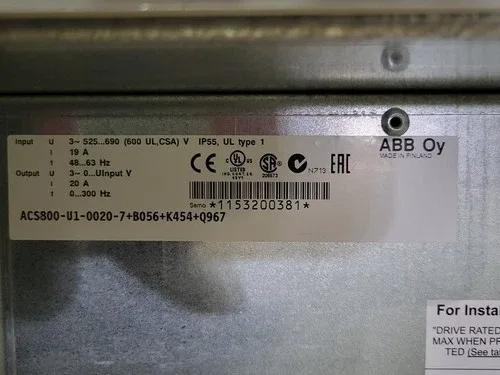 ABB SURPLUS ACS800-U1-0020-7+B056+K454+Q967 15 hp 600 Volts 3-Phase VFD 4