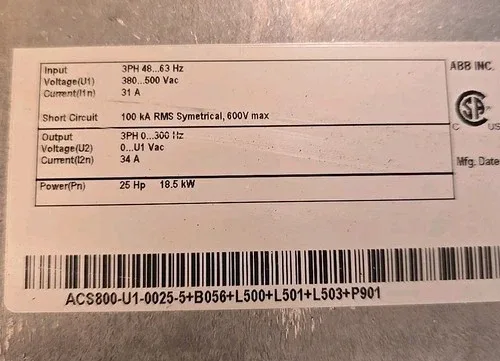 ABB ACS800-U1-0025-5+B056+L500+L501+L503+P901 25HP 31A 600V 3Ph Drive 2