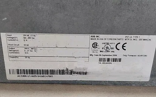 ABB ACS800-U1-0025-5+K451+P901 Variable Frequency Drive 25Hp 4