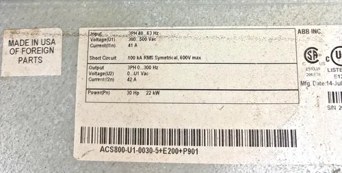ABB INC AC DRIVE ACS800-U1-0030-5+E200+P901 SN 2082900101 IP21 UL TYPE 1 INPUT 3 3