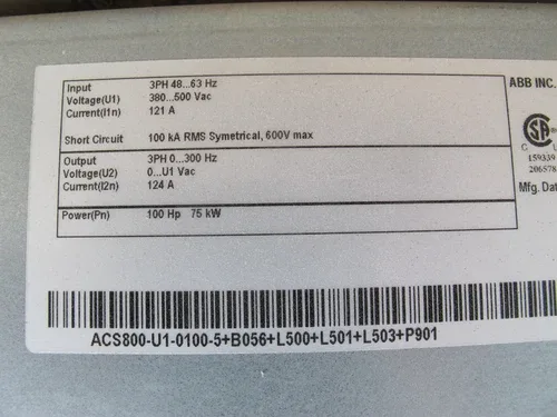 ABB ACS800-U1-0100-5+B056+L500+L501 AC Drive 100 HP 480 V ACS 800 100HP 75 KW 3