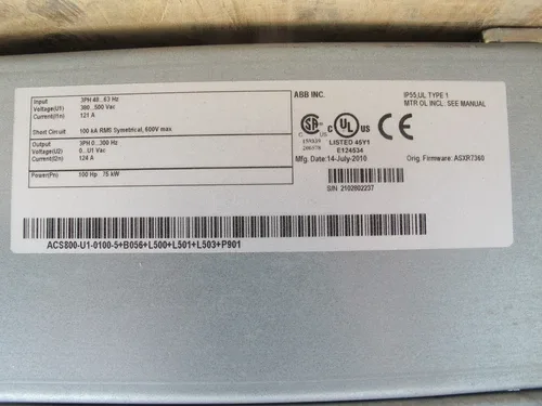 ABB ACS800-U1-0100-5+B056+L500+L501 AC Drive 100 HP 480 V ACS 800 100HP 75 KW 4