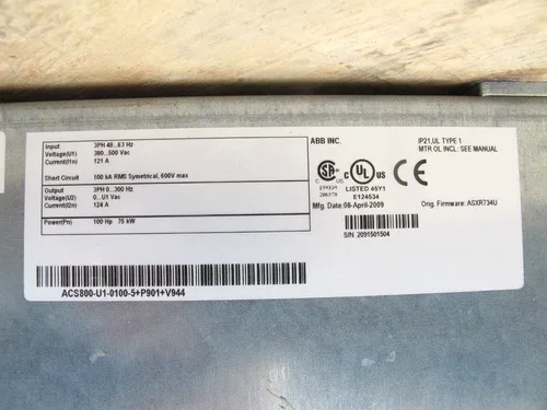 ABB ACS800-U1-0100-5+P901+V944 AC Drive 100 HP 480 V ACS 800 100HP 75 KW Cover 4