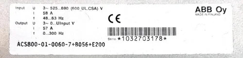 ABB ACS800-01-0060-7+B056+E200 55kW 57A 525 690V Frequency Inverter - / Attn 3