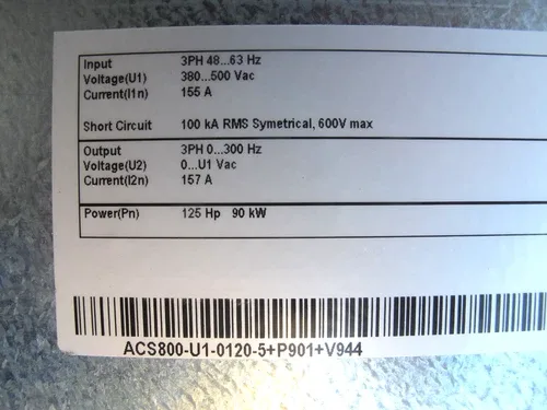 ABB ACS800-U1-0120-5+P901+V944 AC Drive 125 HP 480 V ACS 800 125HP 157 Amp 2