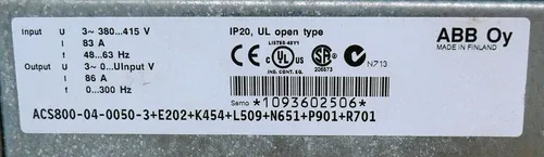 ABB ACS800-04-0050-3+E202+K454+L509+N651+P901+R701 45kW Inverter - / Attn 2