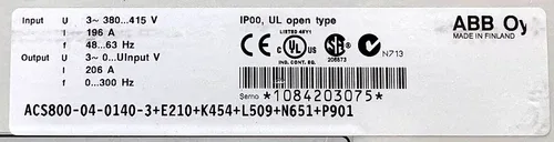 ABB ACS800-04-0140-3+E210+K454+L509+N651+P901 206A 110kW Variable Frequency Drive 4