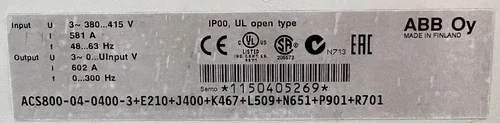 ABB ACS800-04-0400-3+E210+J400+K467+L509+N651+P901+R701 602A 315kW 3