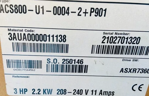 ABB ACS800-U1-0004-2+P901 3AUA0000011138 - 3HP - 2 2KW - 208/240V 11A DRIVE 4