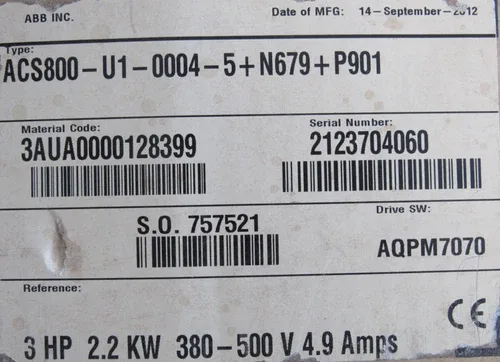 ABB ACS800-U1-0004-5+N679+P901 DRIVE 3HP ACS800U100045N679P901 2