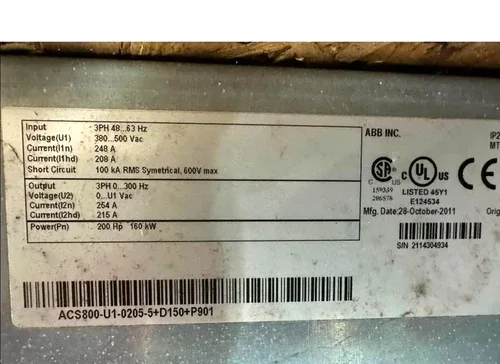 ABB ACS800-U1-0205-5+D150+P901 AC Drive 200 HP 480 V ACS 800 200HP 160 KW 2