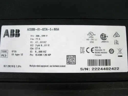 ABB ACS880-01-027A-5+B056 AC Drive 20 HP 380-500 VAC 3 Ph CLEAN B20 3