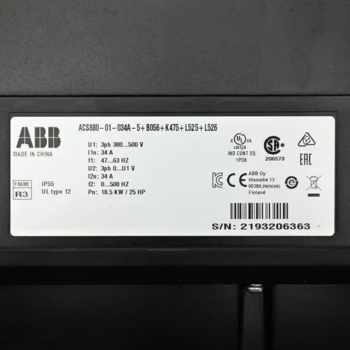 ABB ACS880-01-034A-5+B056+K475+L525+L526 Industrial AC Drive 25HP 3PH 380-500V 4