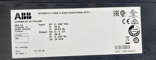 ABB ACS880-01-038A-3+E200+K454+P904+R701 38A 26kVA 400VAC 2