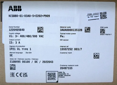 ABB ACS880-01-03A0-5+E202+P909 1.1kW Frequency Inverter 3A 400VAC 2