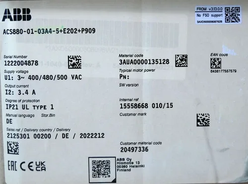 ABB ACS880-01-03A4-5+E202+P909 1.5kW Frequency Inverter 3.4A 400VAC 2