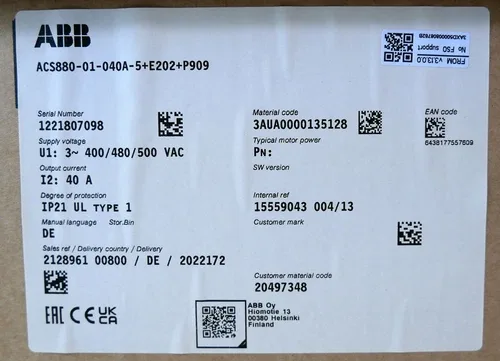 ABB ACS880-01-040A-5+E202+P909 22kW Frequency Inverter 400VAC 40A
