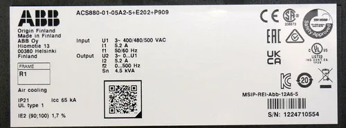 ABB ACS880-01-05A2-5+E202+P909 3kW Frequency Inverter 5.2A 400VAC 3