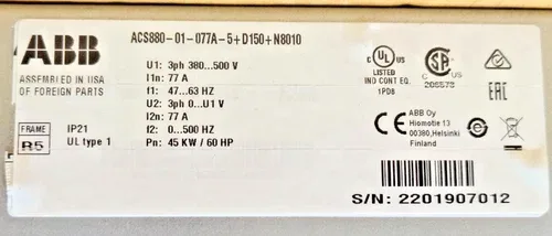 ABB ACS880-01-077A-5+D150+N8010 VARIABLE FREQUENCY DRIVE 60HP 45kW 77A 3PH 4