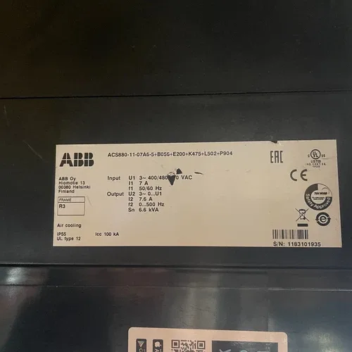 ABB ACS880-11-07A6-5+B056+E200+K475+L502+P904 Wall-mounted regenerative single drive 6.6kVA 7.6A 0-500 Hz 4