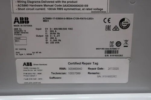 ABB ACS880-17-0260A-5+B054+C129+K475+L502+M601 Enclosed Vfd Drive 480v-ac 200hp 4