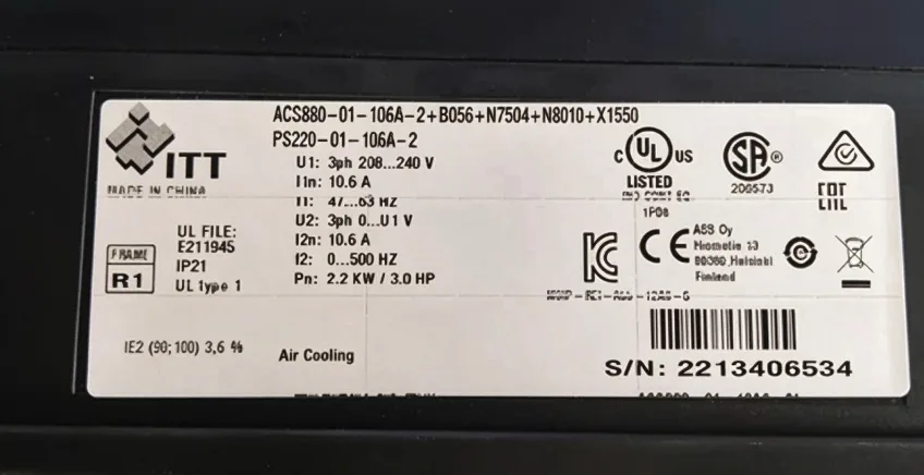 ABB ACS880-01-10A6-2+B056+N7504+N8010+X1556 PS220-01-10A6-2 AC DRIVE 3