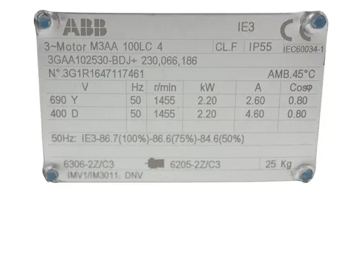 ABB M3AA 100LC 4 M3AA100LC4 Electric Motor 2.2kW 400/690V 50Hz 1455rpm 3