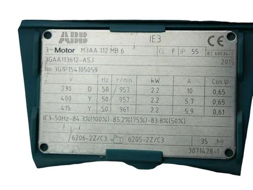 ABB M3AA 112MB 6 M3AA112MB6 Electric Motor 2.2kW 230-415V 10A 957rpm 3