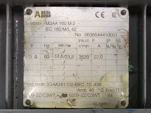 ABB M3AA 160 M2 23.5 hp 575 volts 3520 rpm 160 Electric Motor M3AA150M2 2