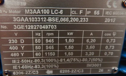 ABB Three Phase Motor M3AA 110 LC-6 / / M3AA100LC6 1.5KW 945/min - Unused 3