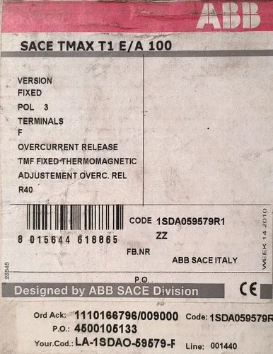 ABB MCCBMOLDED-CASE CIRCUIT BREAKER TMAX T1 E/A 100 690V 40A1sda059579r1 3