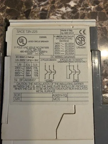 ABB SACE TMAX T3N 225 125 AMP CIRCUIT BREAKER 3 POLE AC/DC P/N 1SDA053562R1 3
