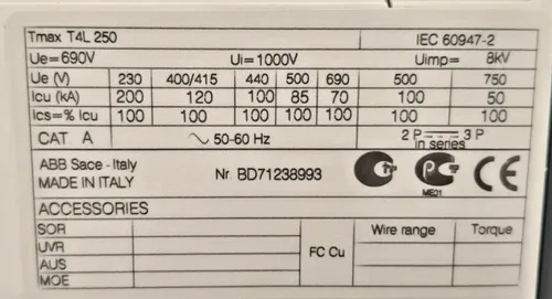 ABB SACE TMAX T4L 250 MOLDED-CASE CIRCUIT BREAKER 690V 160A 3
