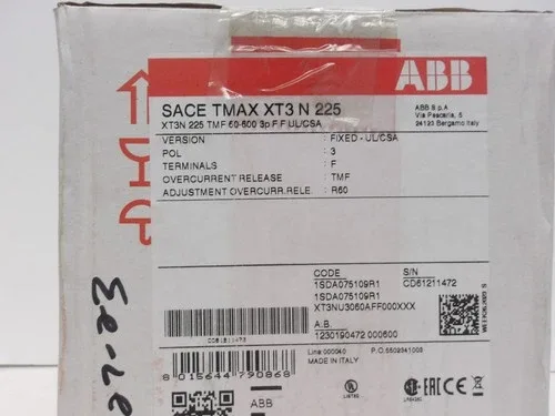 ABB SACE TMAX XT3 N225 3P 60AMP MOLDED CASE CIRCUIT BREAKER P/N 1SDA075109R1