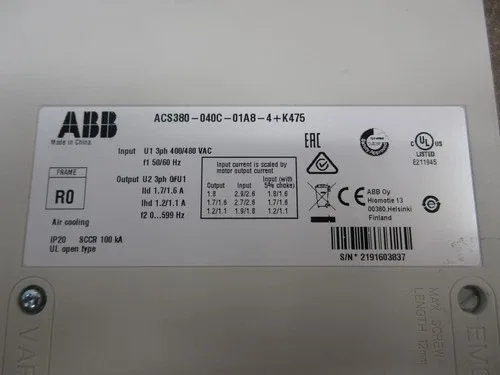 ABB ACS380 AC Drive ACS380-040C-01A8-4+K475 0.75HP 3Ph 4