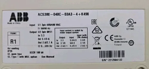 ABB Ac Machinery Drive Module 1.1kW 3.3A 3Ph 400/480V ACS380-040C-03A3-4+K490 3