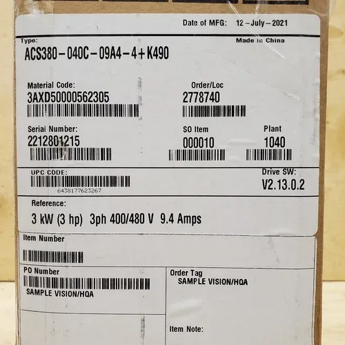 ABB ACS380-040C-09A4-4+K490 Variable Frequency Drive with Ethernet IP Card 3HP 3