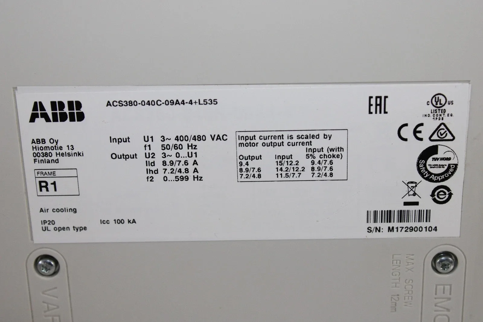 ABB ACS380-040C-09A4-4+L535 Drive 7.2A 6